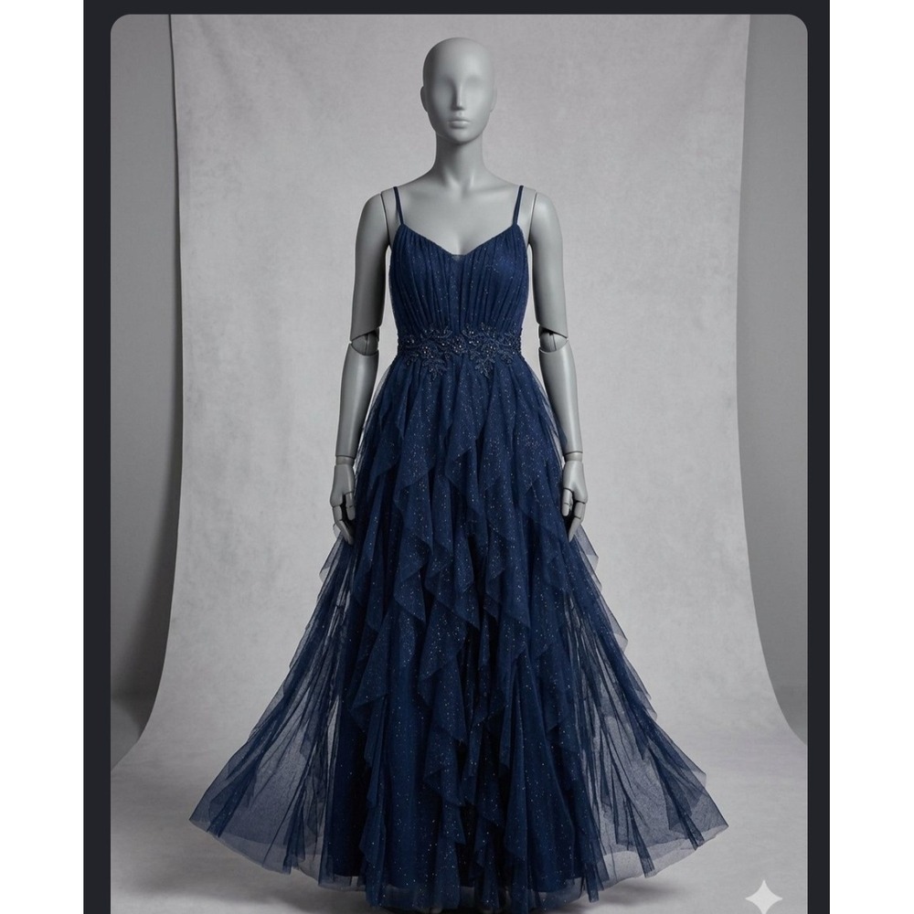 Teeze Me Navy Blue Glitter Tulle Ruffle Tiered Formal Gown Dress 15W P478061